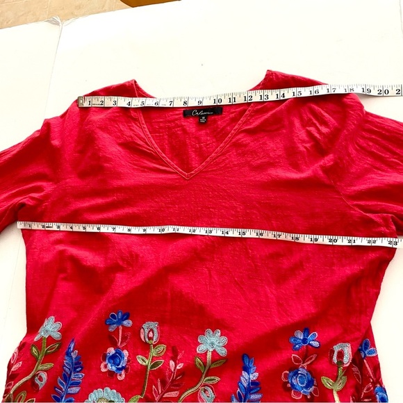 CALESSA Red Cotton Tunic Top Plus Size 1X Boho Embroidered Floral  V-neck Summer - Picture 12 of 14